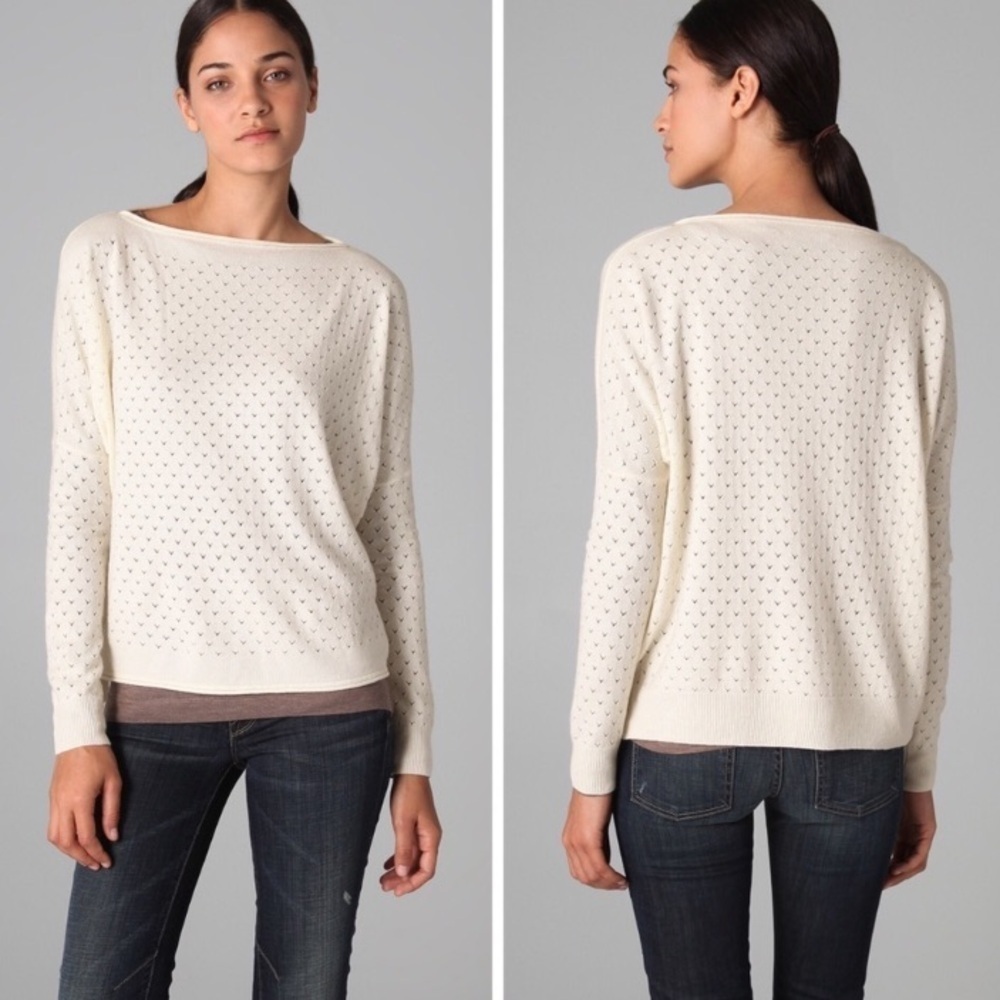Vince bateau neckline wool/cashmere cream colored pointelle sweater. Medium
